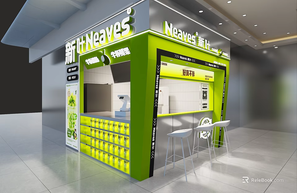 Neaves Milk Tea Shop Bright Green Yellow Storefront Counter With Bar Stools And Fresh Drinks 3d model 