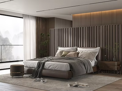 Double Bed Bedroom Interior with Wooden Background Wall Natural Light and Scenic View 3d model