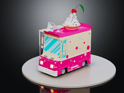Pink Ice Cream Truck With Large Ice Cream Cherry Green Leaf And Polka Dot Design 3d model