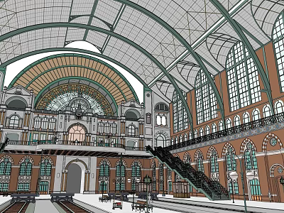 Vintage Train Station Interior Design With Arched Ceiling Large Windows And Staircase 3d model
