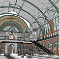 Vintage Train Station Interior Design With Arched Ceiling Large Windows And Staircase 3d model