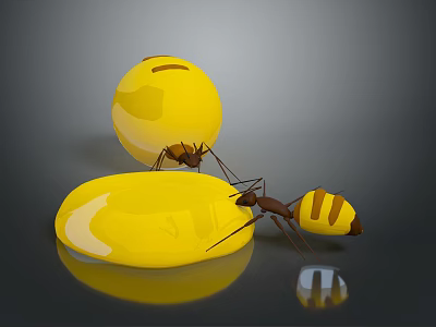 Two Brown Ants Interacting With Shiny Yellow Sphere And Flat Object On Dark Background 3d model