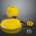 Two Brown Ants Interacting With Shiny Yellow Sphere And Flat Object On Dark Background 3d model
