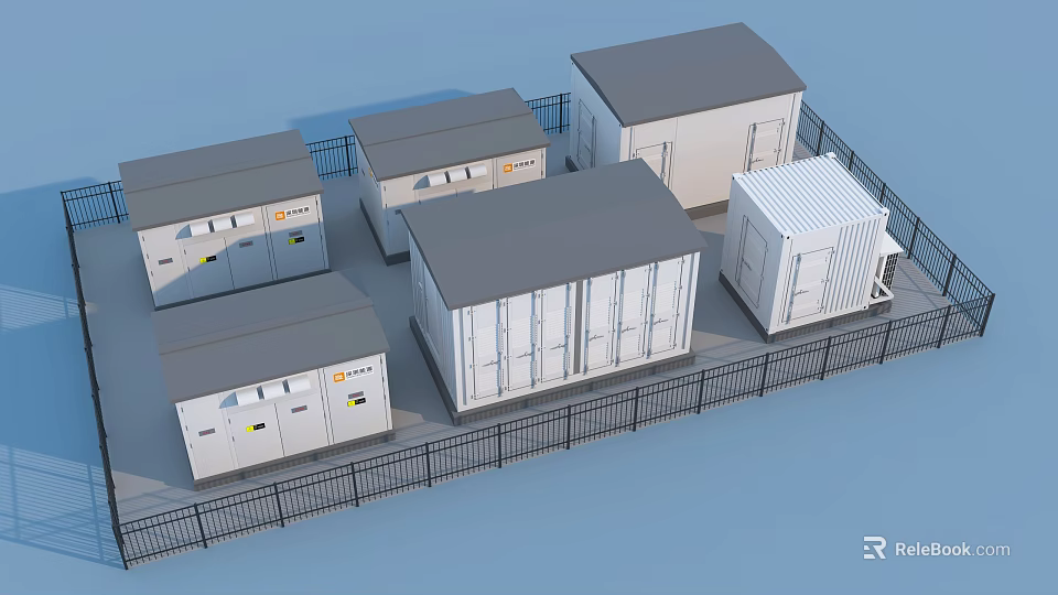 Multiple White Industrial Equipment Enclosures With Gray Roofs In Fenced Area 3d model 