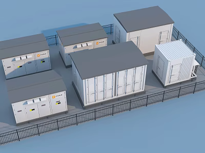 Multiple White Industrial Equipment Enclosures With Gray Roofs In Fenced Area 3d model