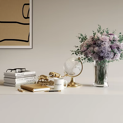 Decorative Ornament Set With Purple Flower Bouquet Golden Globe Books Glass Vase And Wall Art 3d model