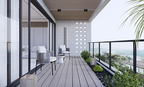 Modern Balcony Casual Balcony Wooden Table and Chair Bonsai Washing Machine Floor Tile 3d model