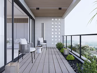 Modern Balcony Casual Balcony Wooden Table and Chair Bonsai Washing Machine Floor Tile 3d model