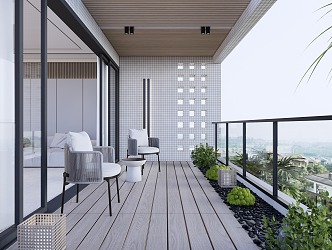 Modern Balcony Casual Balcony Wooden Table and Chair Bonsai Washing Machine Floor Tile 3d model