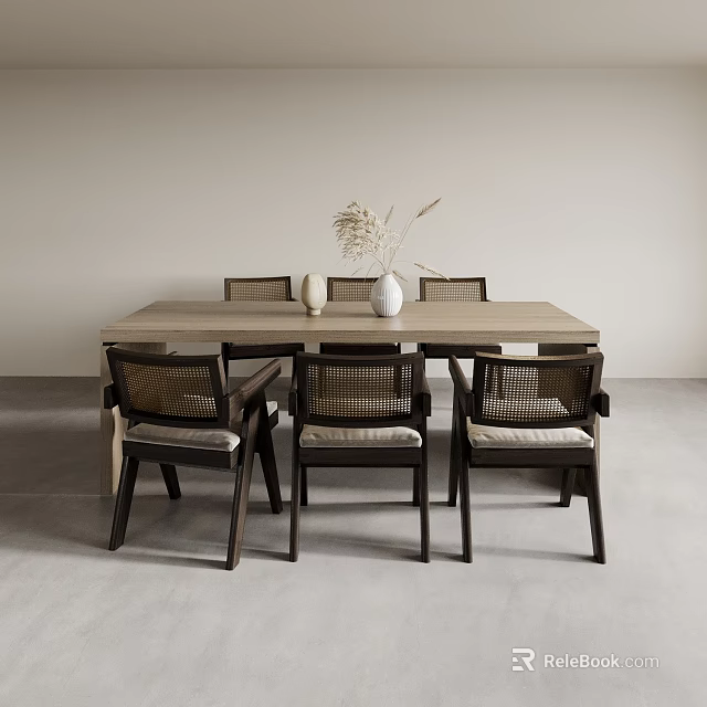 Minimalist Wooden Dining Table Set With Woven Seat Chairs White Vases And Dried Flowers 3d model 