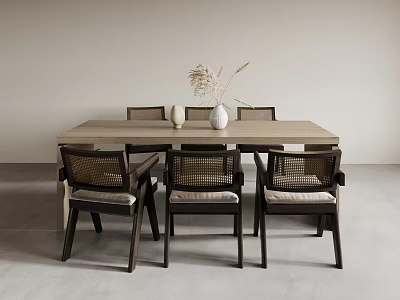 Minimalist Wooden Dining Table Set With Woven Seat Chairs White Vases And Dried Flowers 3d model