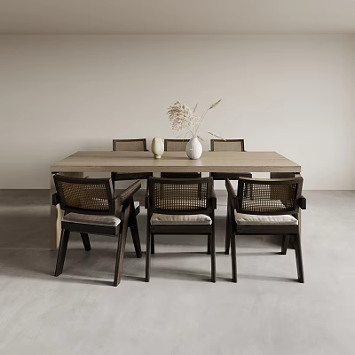 Minimalist Wooden Dining Table Set With Woven Seat Chairs White Vases And Dried Flowers 3d model
