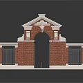 Red Brick Arched Entrance Gate Featuring White Trim Iron Side Gates and Pediment Design