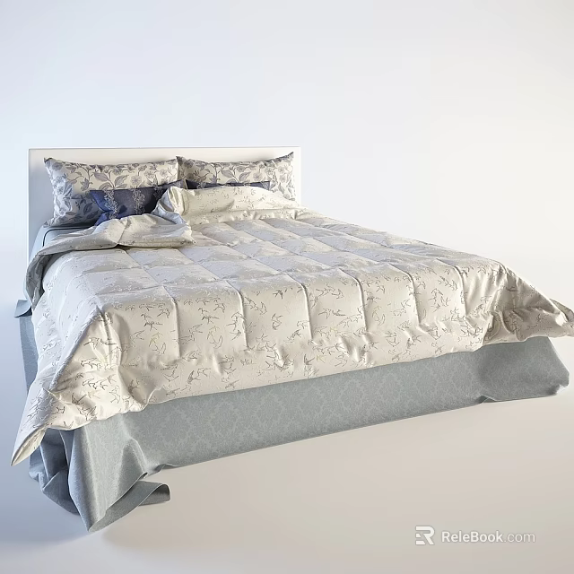 Elegant Double Bed With Light Floral Bedspread And Blue White Pillows 3d model
