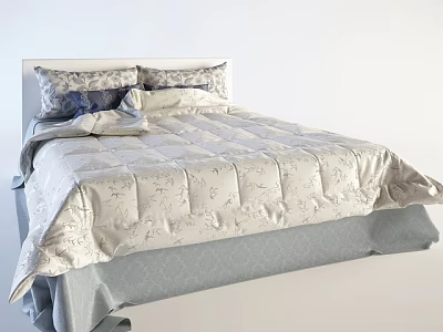 Elegant Double Bed With Light Floral Bedspread And Blue White Pillows 3d model