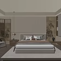 Elegant Modern Bedroom Interior With Neutral Bed Frame Decorative Headboard Oriental Screen Area Rug And Wooden Nightstand