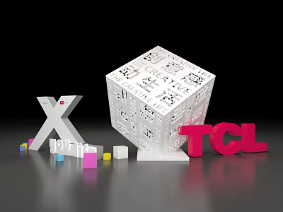 Showroom Display With X Letter White Cube Hollow Patterns TCL Logo And Colorful Small Blocks 3d model