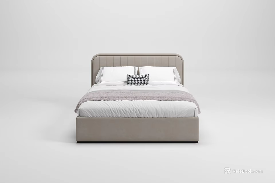 Modern Upholstered Double Bed with Gray Headboard White Sheets and Checkered Cushion 3d model 