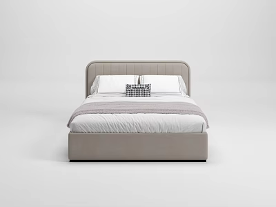 Modern Upholstered Double Bed with Gray Headboard White Sheets and Checkered Cushion 3d model