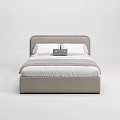 Modern Upholstered Double Bed with Gray Headboard White Sheets and Checkered Cushion