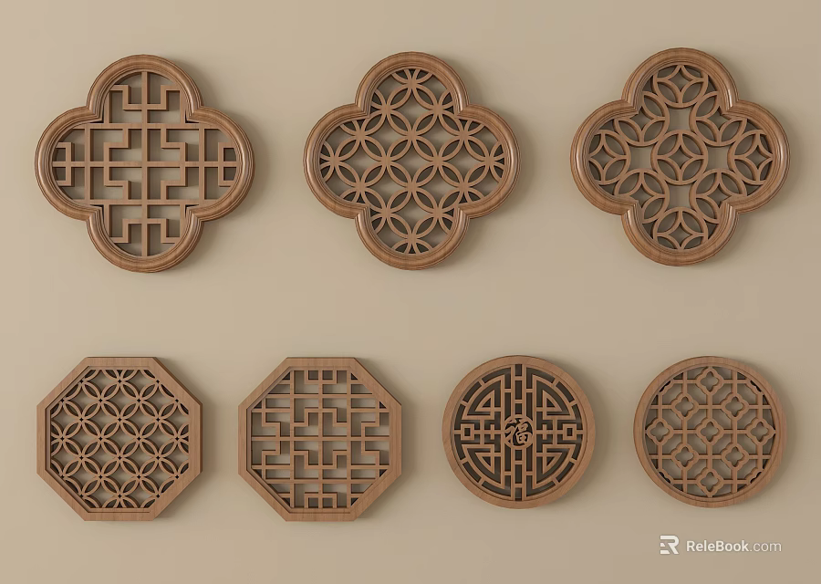 Wooden Lattice Windows With Various Shapes And Geometric Patterns Decorative Design 3d model 