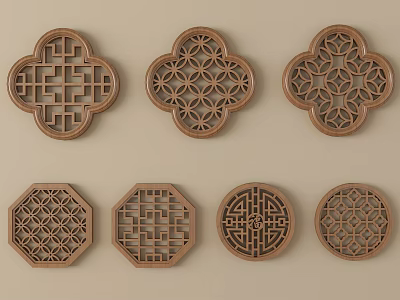 Wooden Lattice Windows With Various Shapes And Geometric Patterns Decorative Design 3d model