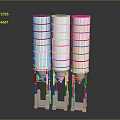 Three Tall White Multi Layered Industrial Storage Silos With Base Supports