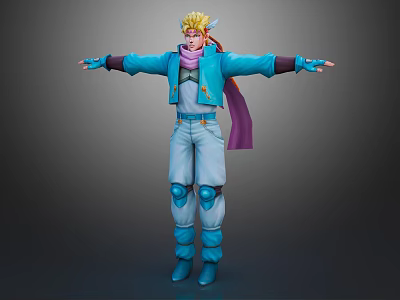 Fantasy Creature Character With Blonde Hair Blue Coat Purple Scarf Knee Pads And Open Arms 3d model