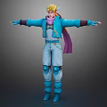 Fantasy Creature Character With Blonde Hair Blue Coat Purple Scarf Knee Pads And Open Arms