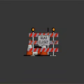 Red And White Road Barriers With Road Closed Sign Traffic Cones And Yellow Warning Lights