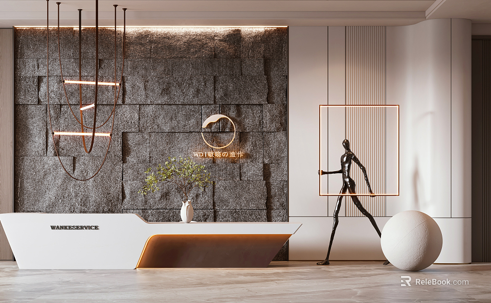 Modern Reception Area With Gray Stone Wall Hanging Lights Sculpture And Green Plant 3d model 