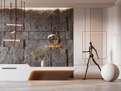Modern Reception Area With Gray Stone Wall Hanging Lights Sculpture And Green Plant 3d model