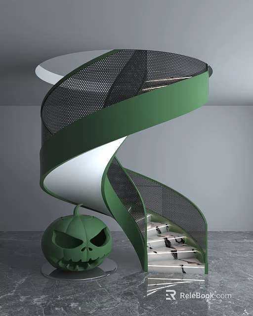 Modern Green Spiral Staircase With Metal Mesh Railing And Contemporary Design 3d model 