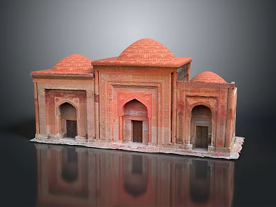 Cartoon Style Miniature Building With Red Domes Arched Doors And Brick Walls 3d model