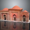 Cartoon Style Miniature Building With Red Domes Arched Doors And Brick Walls