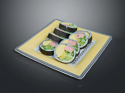 Fresh Sliced Sushi Rolls with Vegetables Pink Fish and Yellow Egg on Yellow Plate 3d model