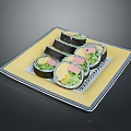 Fresh Sliced Sushi Rolls with Vegetables Pink Fish and Yellow Egg on Yellow Plate