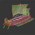 Ancient Wooden Ship With White Sails And Multiple Oars On Long Hull Structure 3d model