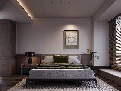 Modern Bedroom Interior With Bed Nightstand Table Lamp Artwork Blinds Rug And Wooden Floor 3d model
