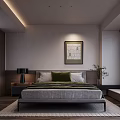 Modern Bedroom Interior With Bed Nightstand Table Lamp Artwork Blinds Rug And Wooden Floor