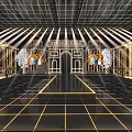 Luxurious Fashion Runway Featuring Golden Lines Bright Lighting Seats On Both Sides And Decorative Architecture