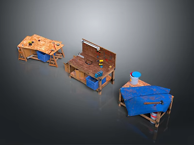 Versatile Functional Tables With Wooden Construction Blue Storage Bins And Tool Placement Areas 3d model