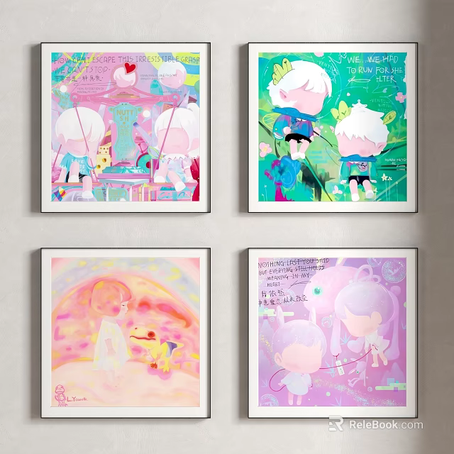 Vibrant Framed Cartoon Art Prints Featuring Cute Characters In Fantasy Scenes 3d model 