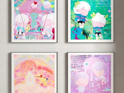 Vibrant Framed Cartoon Art Prints Featuring Cute Characters In Fantasy Scenes 3d model