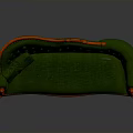 Green Tufted Velvet Sofa With Red Carved Wooden Frame And Decorative Pillow