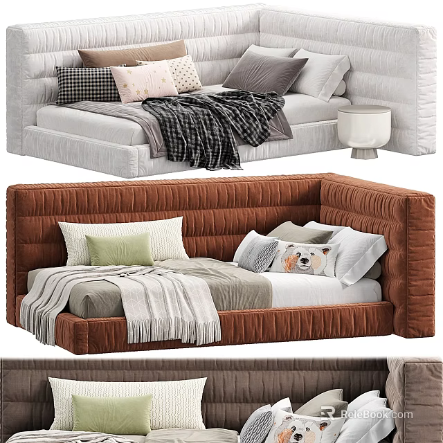 Stylish Kids Bed Featuring Quilted Design Colorful Pillows Soft Blanket And Upholstered Frame 3d model 