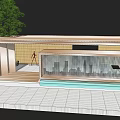 Modern Architectural Exterior With Glass Curtain Wall Green Tree Swimming Pool And City Skyline View