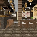Elegant Restaurant Interior With Wooden Decor Pendant Lights Dining Tables And Green Plants