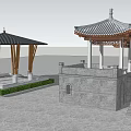 Traditional Chinese Pavilions With Wooden Columns Stone Base Stairs Under Blue Sky