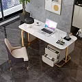 Modern Office Desk with Golden Legs White Marble Top Laptop Lamp Green Plant City View